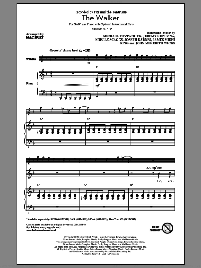 The Walker sheet music for choir (SAB: soprano, alto, bass) by Mac Huff, Fitz And The Tantrums, James Midhi King, Jeremy Ruzumna, John Meredith Wicks, Joseph Karnes, Michael Fitzpatrick and Noelle Scaggs, intermediate skill level