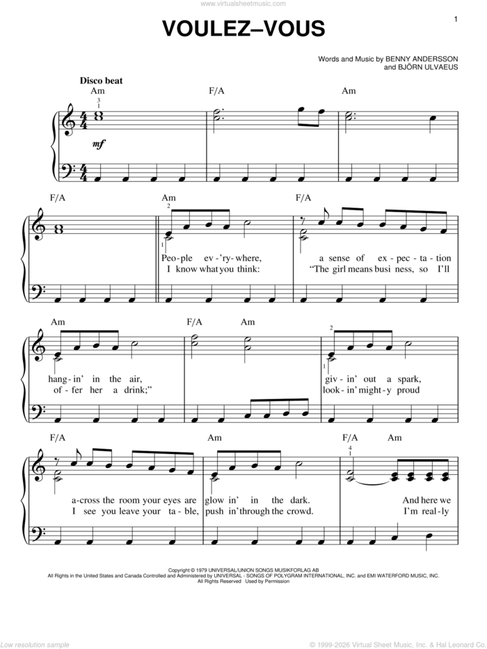 Voulez Vous, (easy) sheet music for piano solo by ABBA, Mamma Mia! (Movie), Mamma Mia! (Musical), Benny Andersson and Bjorn Ulvaeus, easy skill level