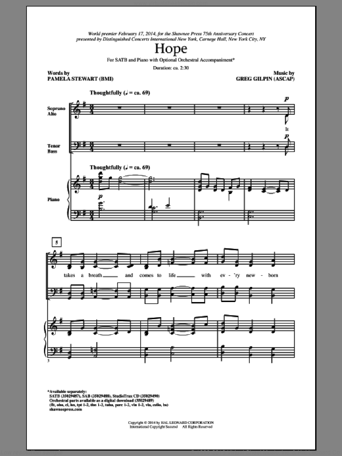 Hope sheet music for choir (SATB: soprano, alto, tenor, bass) by Greg Gilpin and Pamela Stewart, intermediate skill level