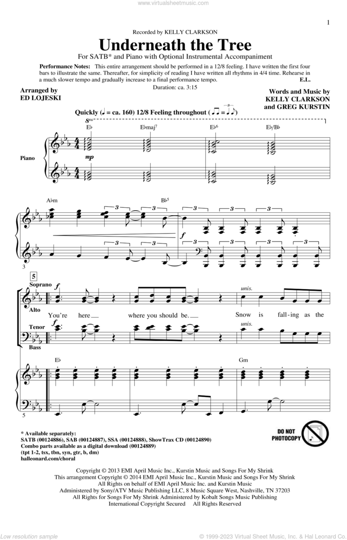 Underneath The Tree (arr. Ed Lojeski) sheet music for choir (SATB: soprano, alto, tenor, bass) by Ed Lojeski, Greg Kurstin and Kelly Clarkson, intermediate skill level