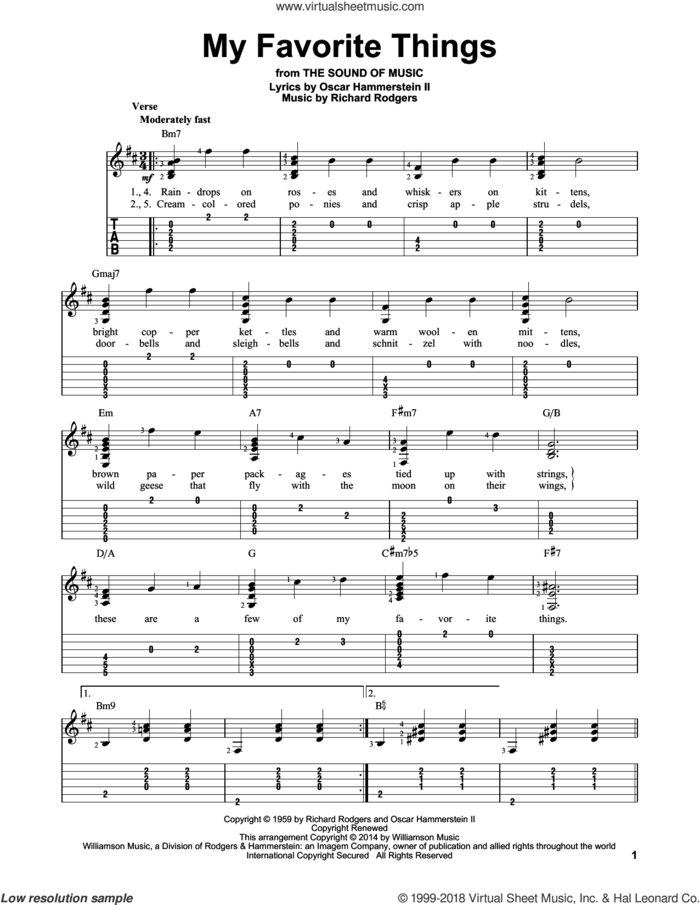 My Favorite Things sheet music for guitar solo (easy tablature) by Rodgers & Hammerstein, Oscar II Hammerstein and Richard Rodgers, easy guitar (easy tablature)