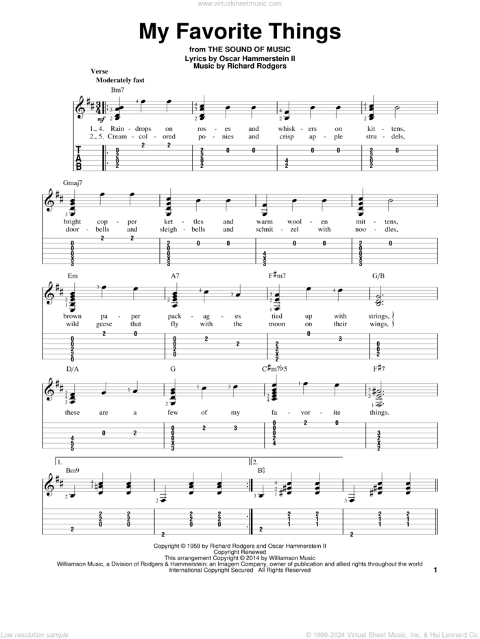 My Favorite Things sheet music for guitar solo (easy tablature) by Rodgers & Hammerstein, Oscar II Hammerstein and Richard Rodgers, easy guitar (easy tablature)