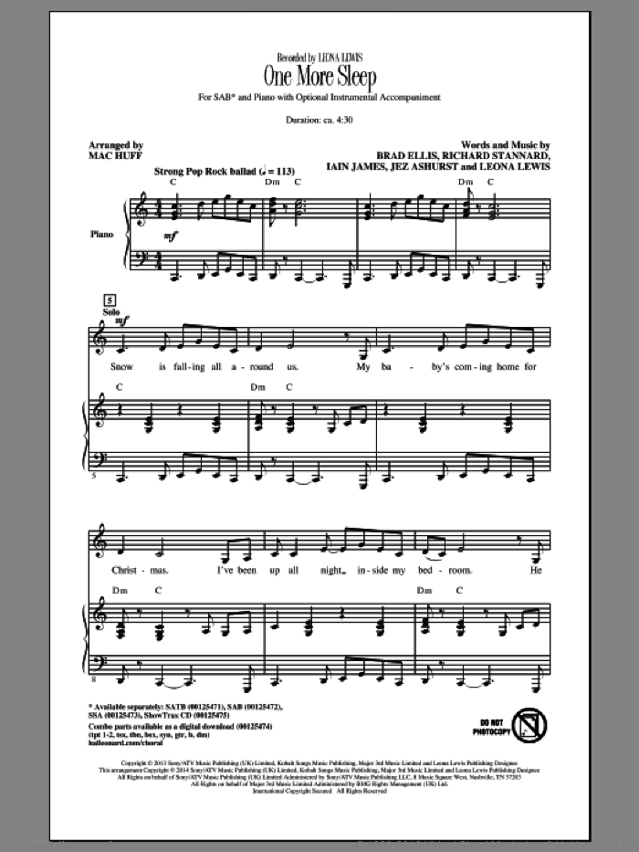 One More Sleep sheet music for choir (SAB: soprano, alto, bass) by Mac Huff, Leona Lewis, Brad Ellis, Iain James, Jez Ashurst, Leona Louise Lewis and Richard Stannard, intermediate skill level
