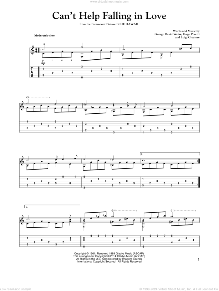 Can't Help Falling In Love sheet music for guitar solo by Elvis Presley, UB40, George David Weiss, Hugo Peretti and Luigi Creatore, wedding score, intermediate skill level