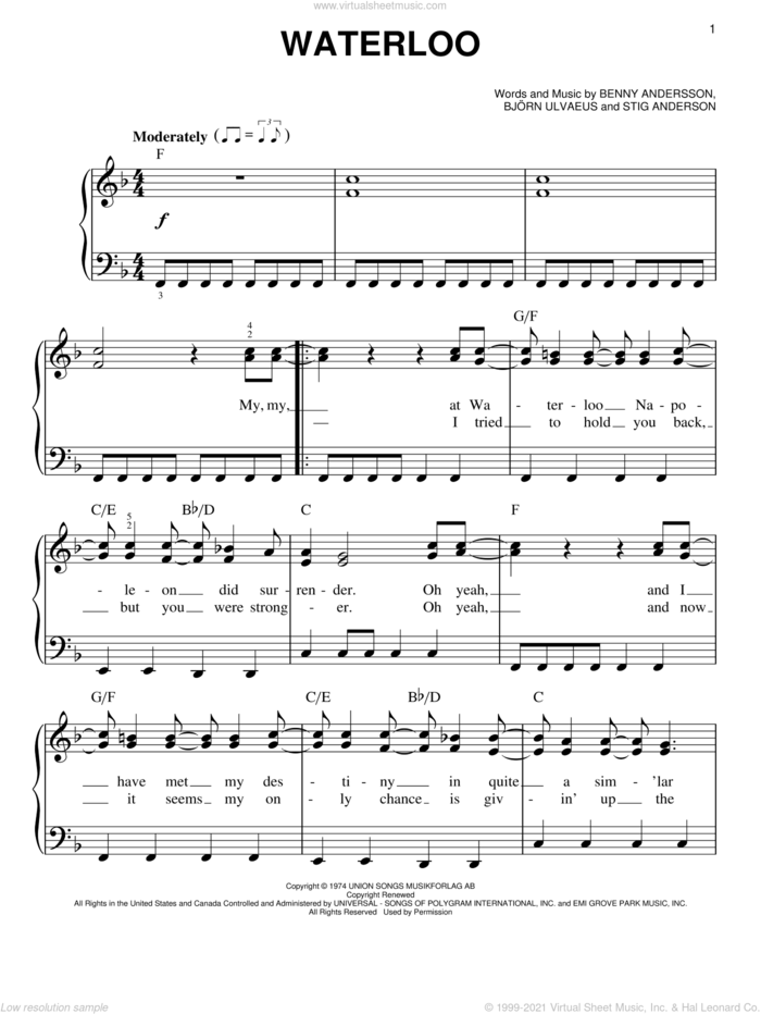 Waterloo, (easy) sheet music for piano solo by ABBA, Benny Andersson, Bjorn Ulvaeus and Stig Anderson, easy skill level