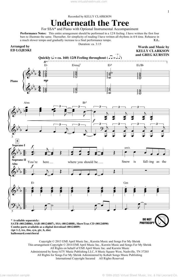 Underneath The Tree (arr. Ed Lojeski) sheet music for choir (SSA: soprano, alto) by Ed Lojeski, Greg Kurstin and Kelly Clarkson, intermediate skill level