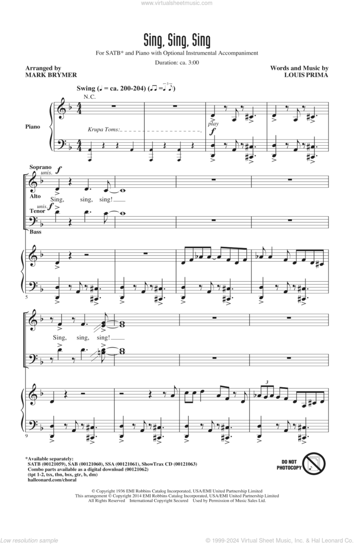 Sing, Sing, Sing sheet music for choir (SATB: soprano, alto, tenor, bass) by Mark Brymer, Benny Goodman and Louis Prima, intermediate skill level