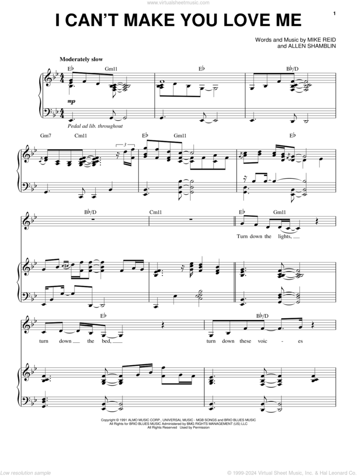 I Can't Make You Love Me sheet music for voice and piano by Bonnie Raitt, Bon Iver, George Michael, Allen Shamblin and Mike Reid, intermediate skill level