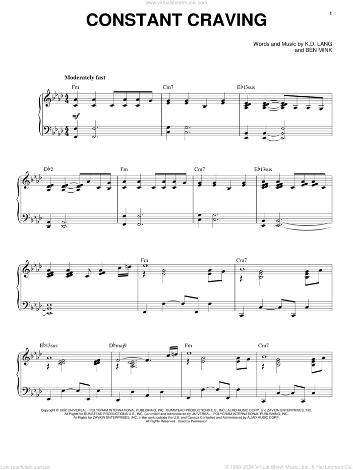 Constant Craving sheet music for voice and piano by k.d. lang and Ben Mink, intermediate skill level