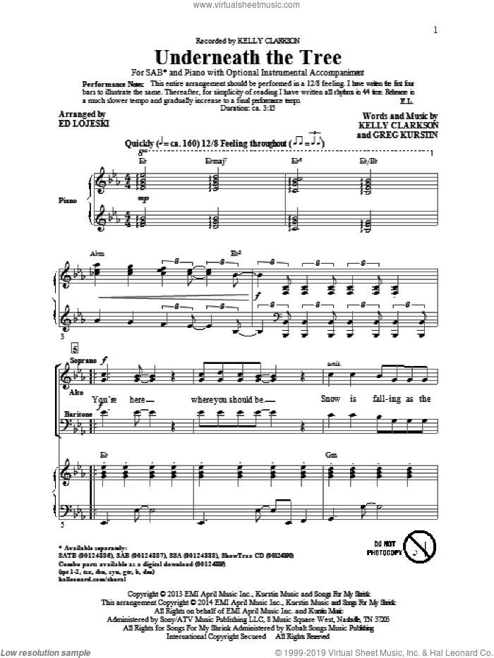 Underneath The Tree (arr. Ed Lojeski) sheet music for choir (SAB: soprano, alto, bass) by Ed Lojeski, Greg Kurstin and Kelly Clarkson, intermediate skill level
