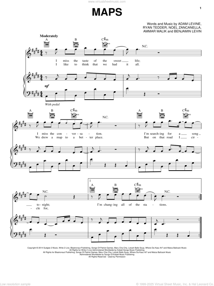 Maps sheet music for voice, piano or guitar by Maroon 5, Adam Levine, Ammar Malik, Benjamin Levin, Noel Zancanella and Ryan Tedder, intermediate skill level