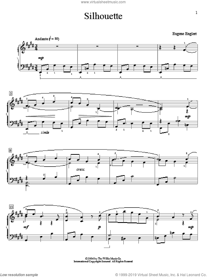 Silhouette sheet music for piano solo (elementary) by Eugene Englert, classical score, beginner piano (elementary)