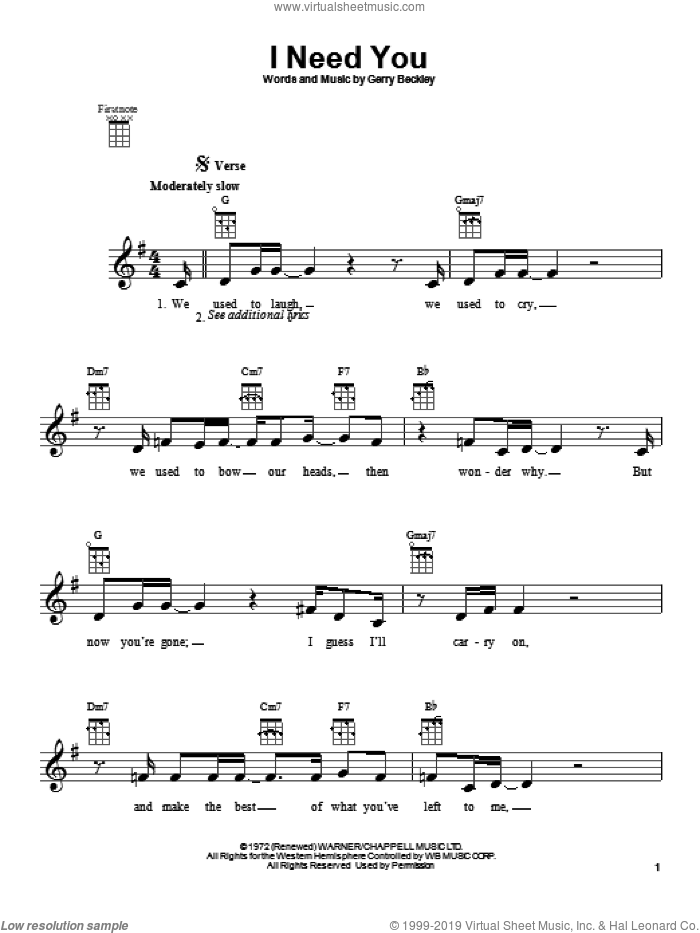 I Need You sheet music for ukulele by America and Gerald Beckley, intermediate skill level