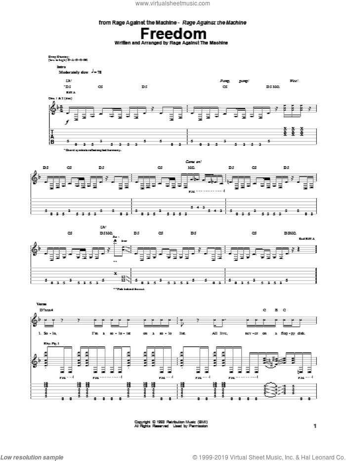 Freedom sheet music for guitar (tablature) by Rage Against The Machine, Brad Wilk, Tim Commerford, Tom Morello and Zack De La Rocha, intermediate skill level