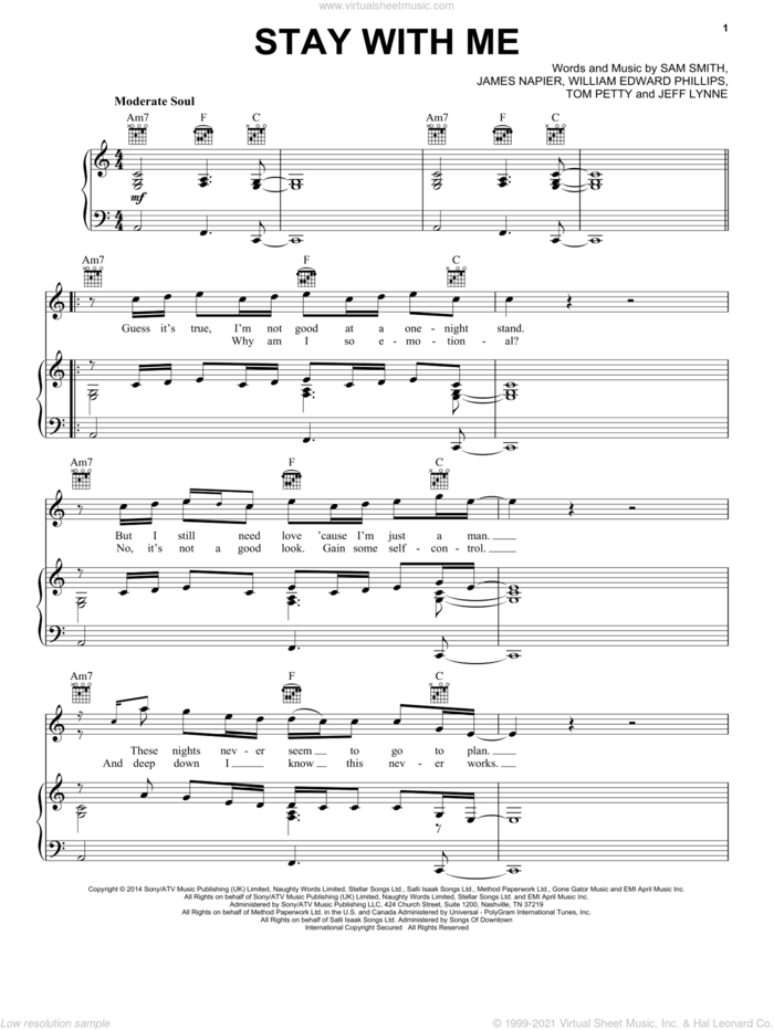 Stay With Me sheet music for voice, piano or guitar by Sam Smith, James Napier and William Edward Phillips, intermediate skill level
