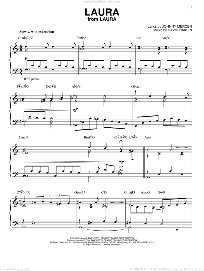 Laura [Jazz version] (arr. Brent Edstrom) sheet music for piano solo by Johnny Mercer and David Raksin, intermediate skill level