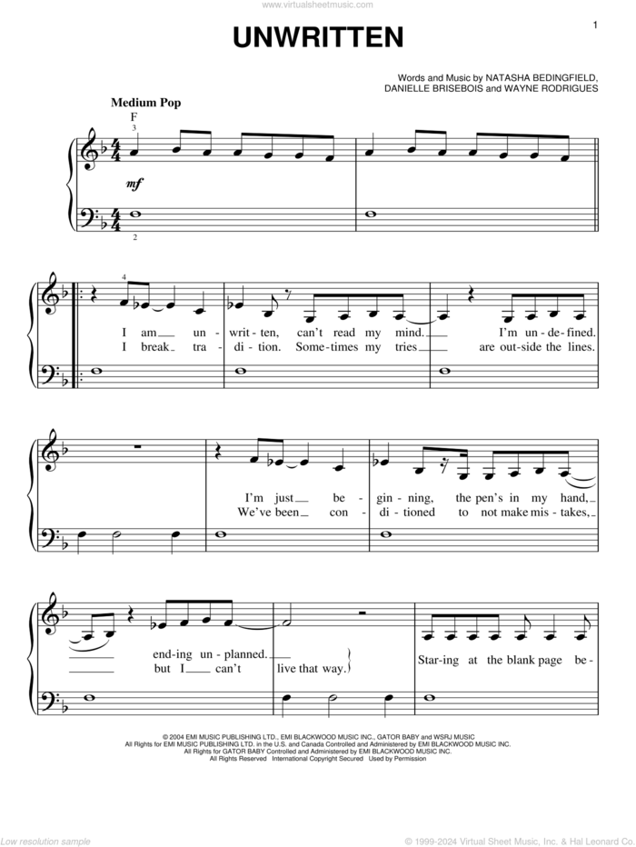 Unwritten sheet music for piano solo by Natasha Bedingfield, Danielle Brisebois and Wayne Rodrigues, easy skill level