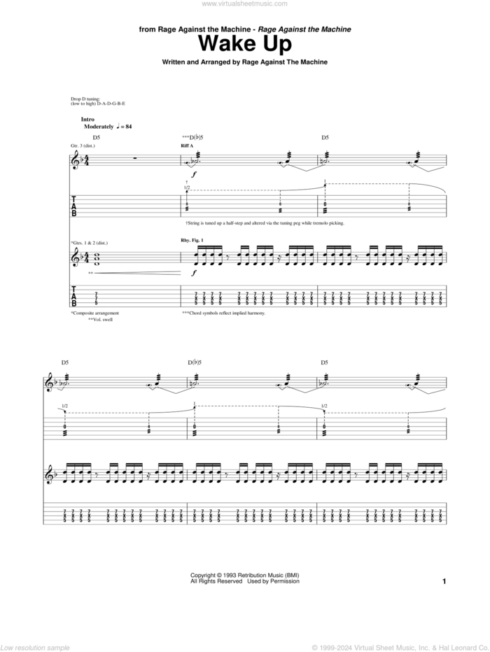 Wake Up sheet music for guitar (tablature) by Rage Against The Machine, Brad Wilk, Tim Commerford, Tom Morello and Zack De La Rocha, intermediate skill level