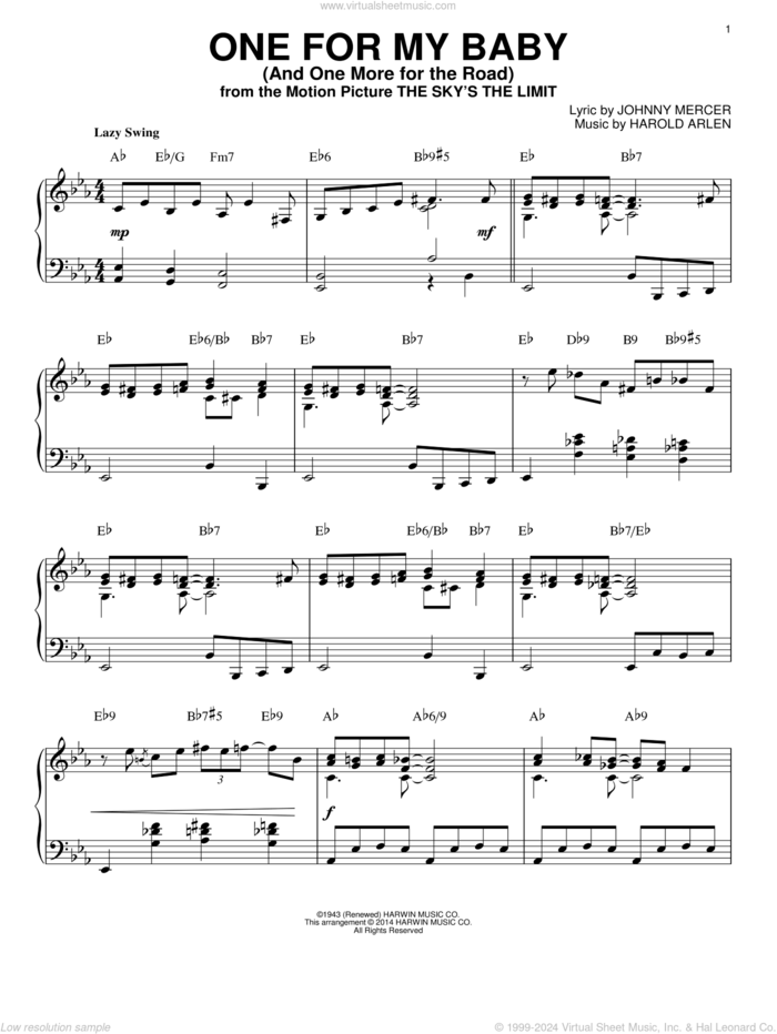 One For My Baby (And One More For The Road) [Jazz version] (arr. Brent Edstrom) sheet music for piano solo by Frank Sinatra, Harold Arlen and Johnny Mercer, intermediate skill level