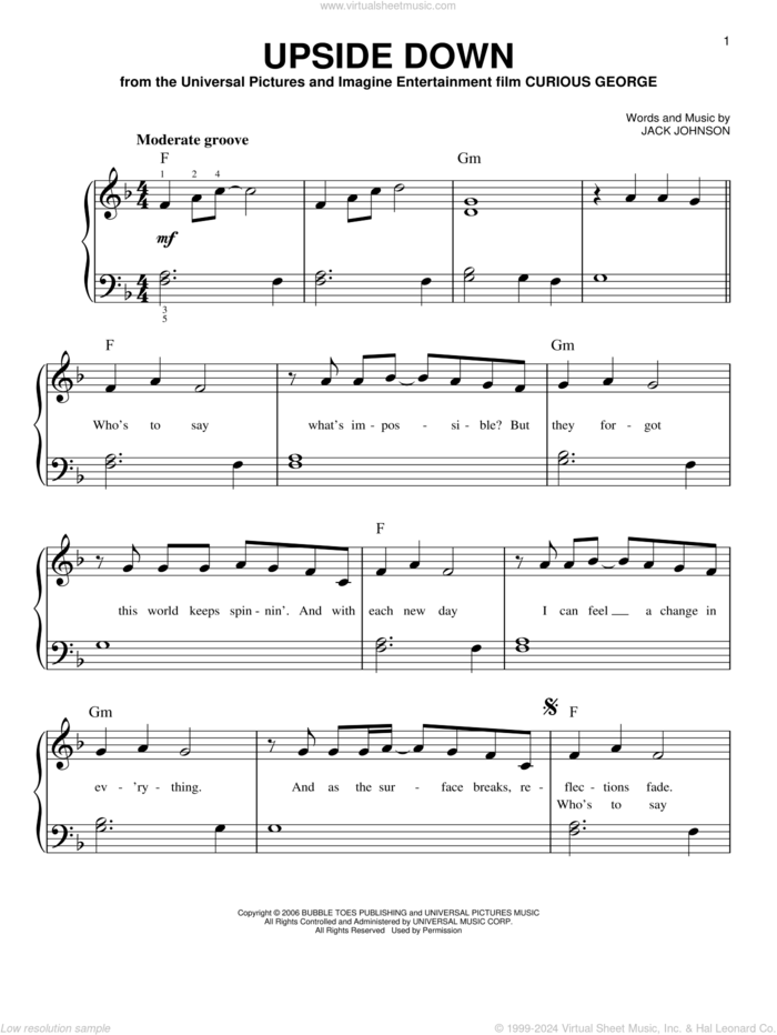 Upside Down sheet music for piano solo by Jack Johnson and Curious George (Movie), easy skill level