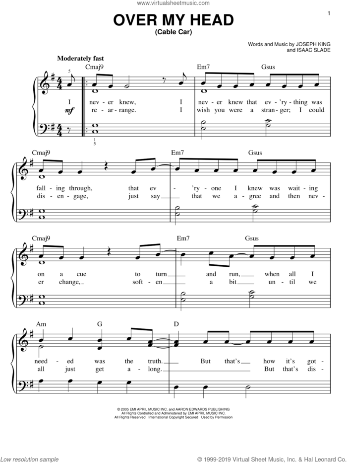 Over My Head (Cable Car) sheet music for piano solo by The Fray, Isaac Slade and Joseph King, easy skill level