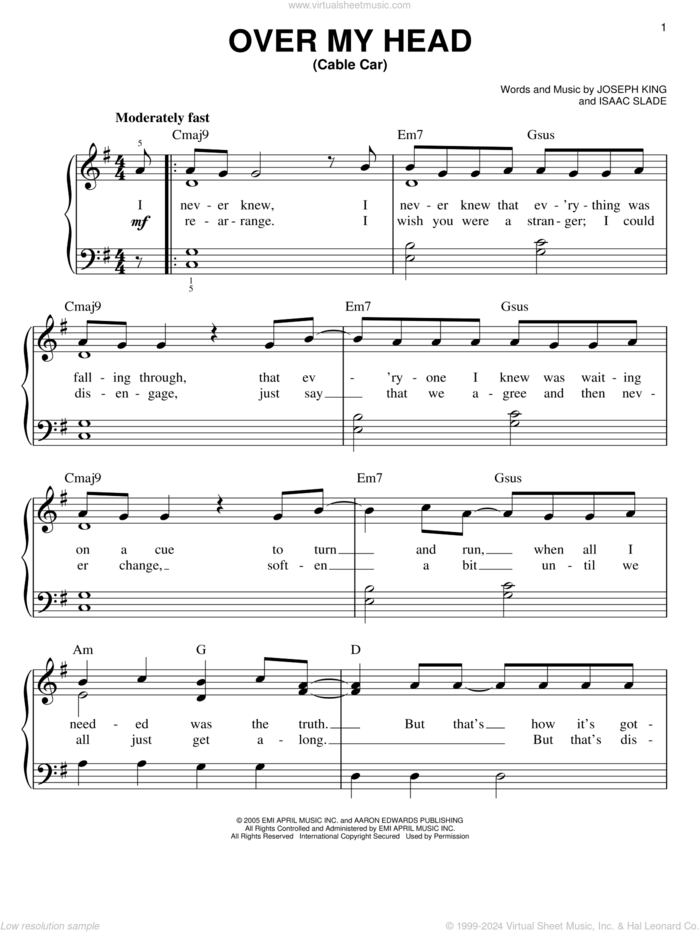 Over My Head (Cable Car) sheet music for piano solo by The Fray, Isaac Slade and Joseph King, easy skill level