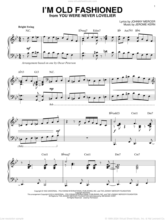 I'm Old Fashioned [Jazz version] (arr. Brent Edstrom) sheet music for piano solo by Johnny Mercer and Jerome Kern, intermediate skill level