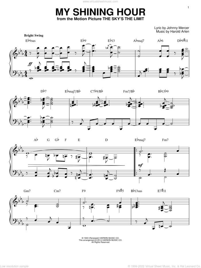 My Shining Hour [Jazz version] (arr. Brent Edstrom) sheet music for piano solo by Johnny Mercer and Harold Arlen, intermediate skill level