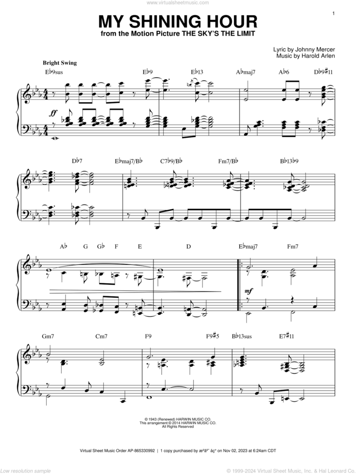 My Shining Hour [Jazz version] (arr. Brent Edstrom) sheet music for piano solo by Johnny Mercer and Harold Arlen, intermediate skill level