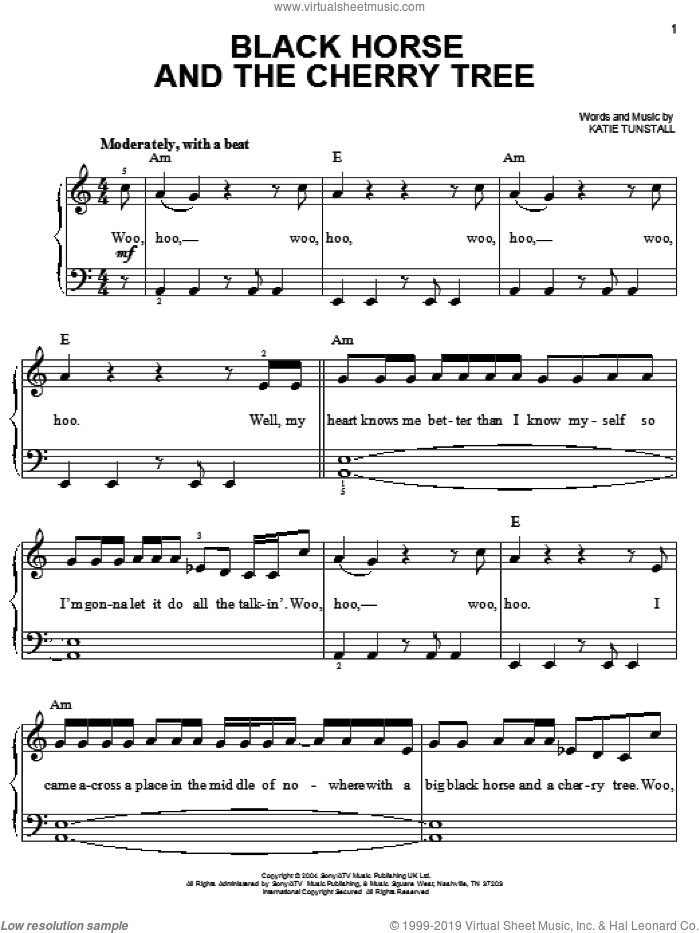 Black Horse And The Cherry Tree sheet music for piano solo by KT Tunstall, easy skill level
