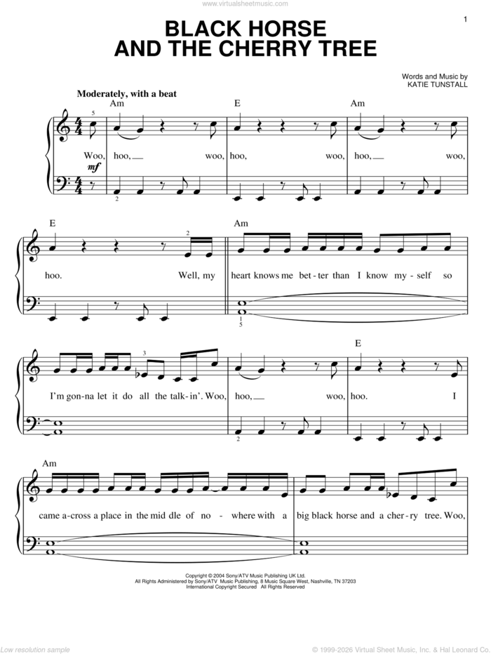Black Horse And The Cherry Tree sheet music for piano solo by KT Tunstall, easy skill level
