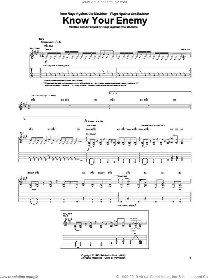 Know Your Enemy sheet music for guitar (tablature) by Rage Against The Machine, Brad Wilk, Tim Commerford, Tom Morello and Zack De La Rocha, intermediate skill level
