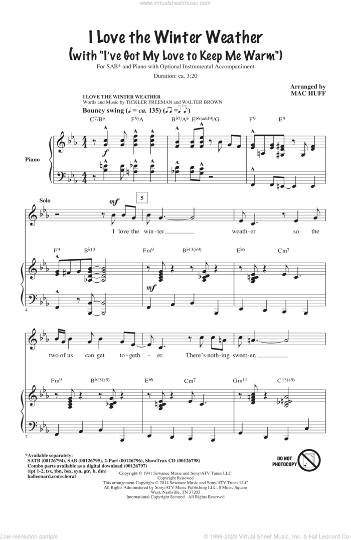 I Love The Winter Weather sheet music for choir (SAB: soprano, alto, bass) by Mac Huff, Tony Bennett, Earl Brown and Tickler Freeman, intermediate skill level
