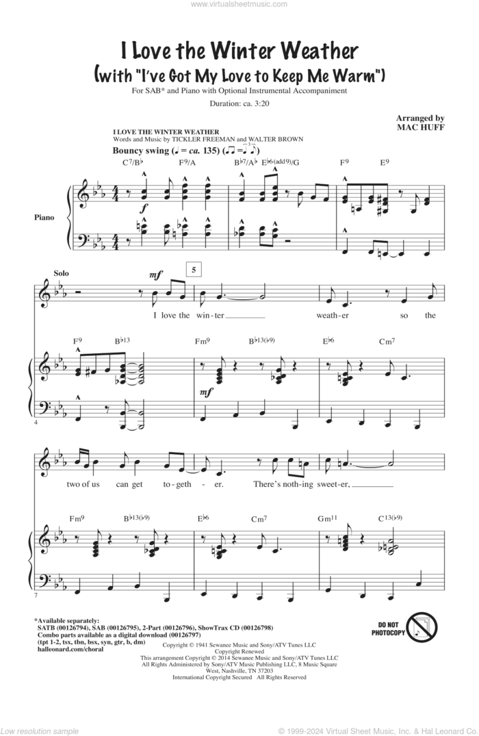 I Love The Winter Weather sheet music for choir (SAB: soprano, alto, bass) by Mac Huff, Tony Bennett, Earl Brown and Tickler Freeman, intermediate skill level