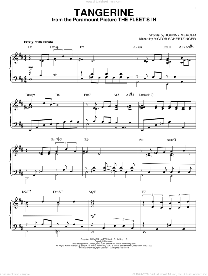 Tangerine [Jazz version] (arr. Brent Edstrom) sheet music for piano solo by Johnny Mercer and Victor Schertzinger, intermediate skill level