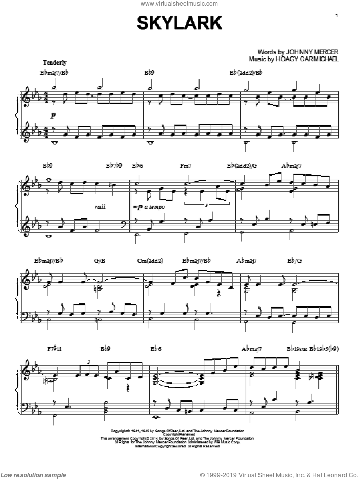 Skylark [Jazz version] (arr. Brent Edstrom) sheet music for piano solo by Johnny Mercer and Hoagy Carmichael, intermediate skill level