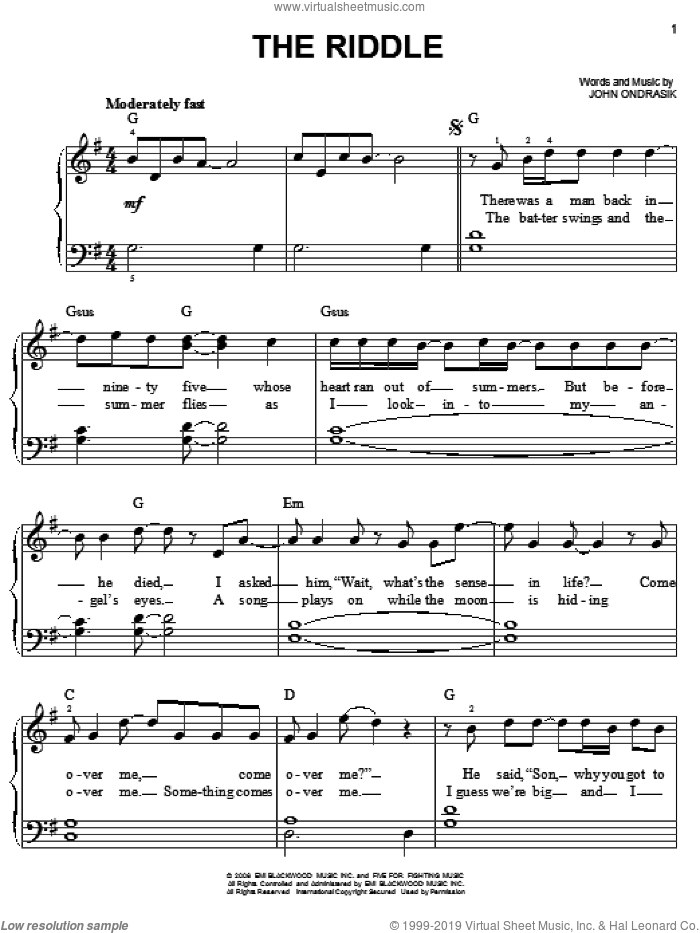 The Riddle sheet music for piano solo by Five For Fighting and John Ondrasik, easy skill level