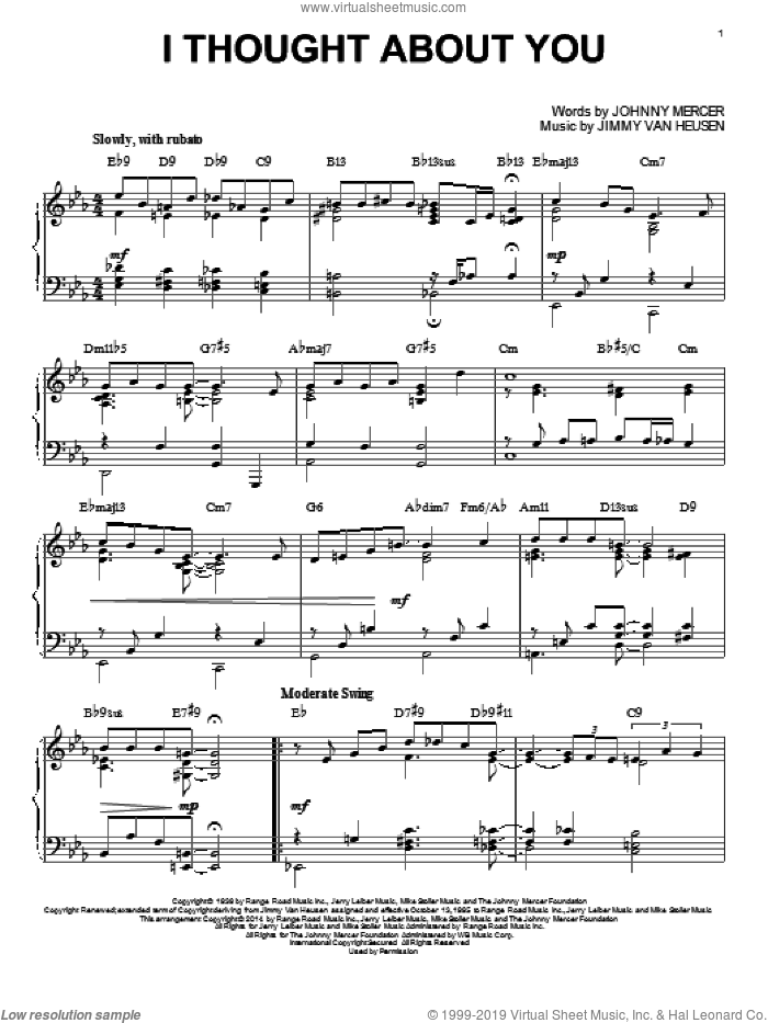 I Thought About You [Jazz version] (arr. Brent Edstrom) sheet music for piano solo by Johnny Mercer, Benny Goodman and Jimmy Van Heusen, intermediate skill level