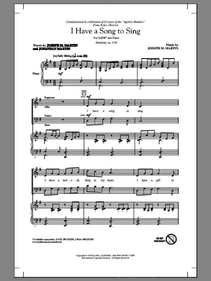 I Have A Song To Sing sheet music for choir (SATB: soprano, alto, tenor, bass) by Joseph M. Martin and Jonathan Martin, intermediate skill level