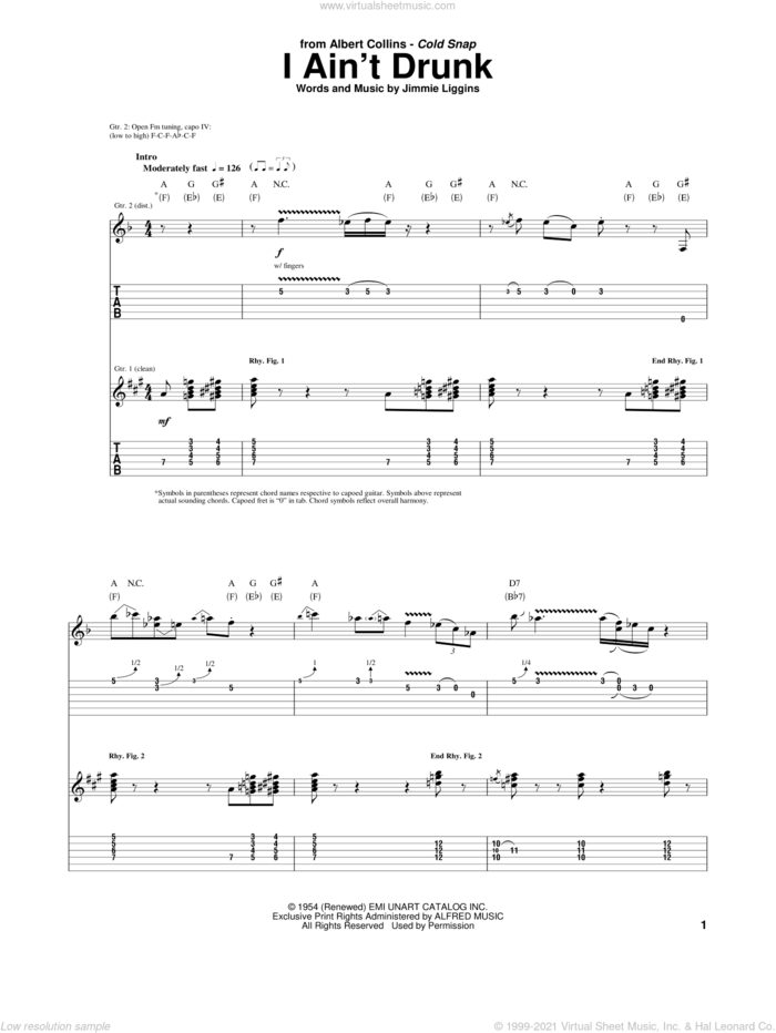 I Ain't Drunk sheet music for guitar (tablature) by Albert Collins and Jimmie Liggins, intermediate skill level