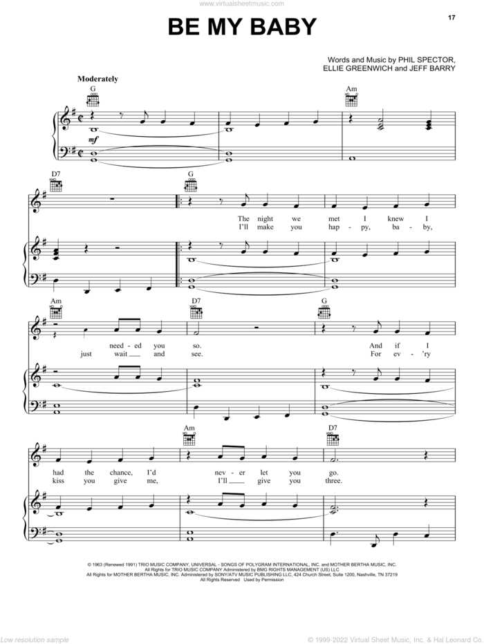 Be My Baby sheet music for voice, piano or guitar by Ronettes, Andy Kim, Michael Buble, Ellie Greenwich, Jeff Barry and Phil Spector, intermediate skill level