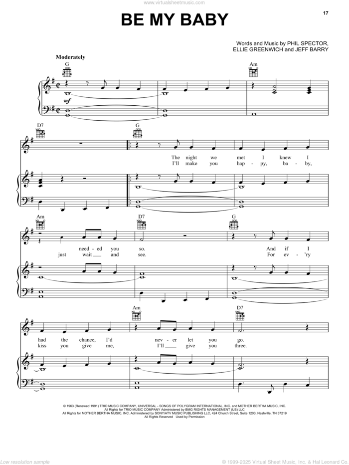 Be My Baby sheet music for voice, piano or guitar by Ronettes, Andy Kim, Michael Buble, Ellie Greenwich, Jeff Barry and Phil Spector, intermediate skill level