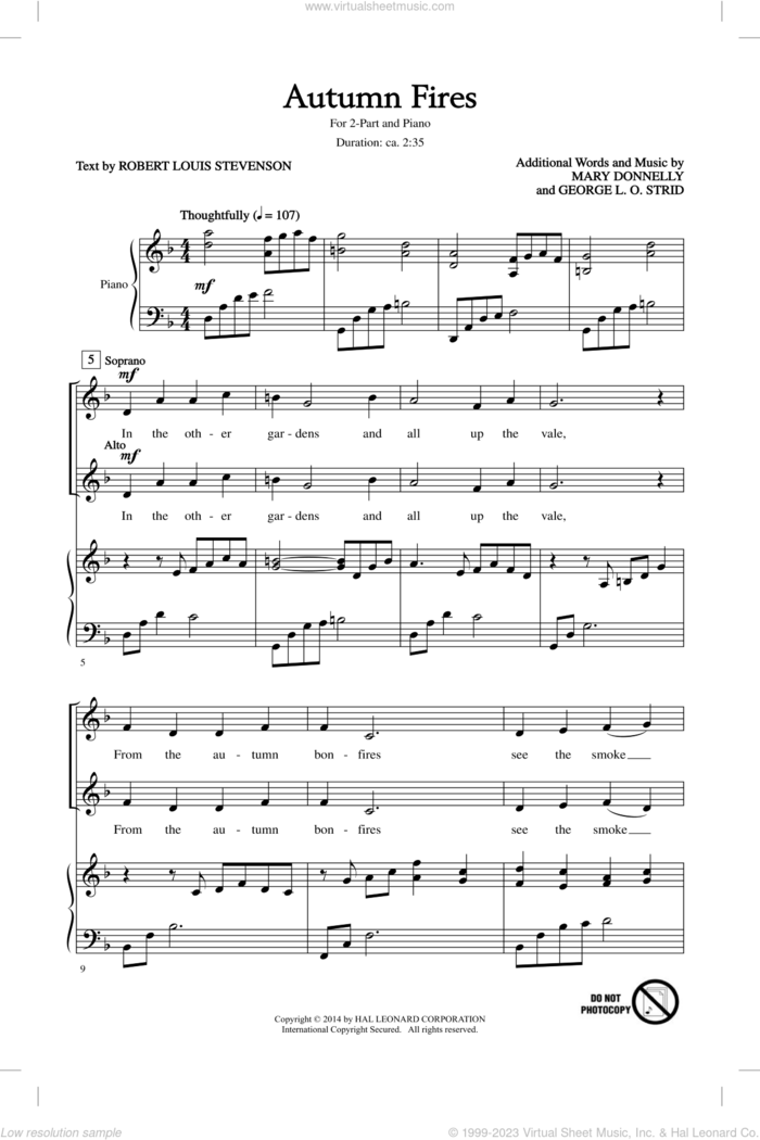 Autumn Fires sheet music for choir (2-Part) by Mary Donnelly, George L.O. Strid and Robert Louis Stevenson, intermediate duet