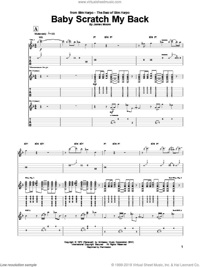 Baby, Scratch My Back sheet music for guitar (tablature) by Slim Harpo and James Moore, intermediate skill level