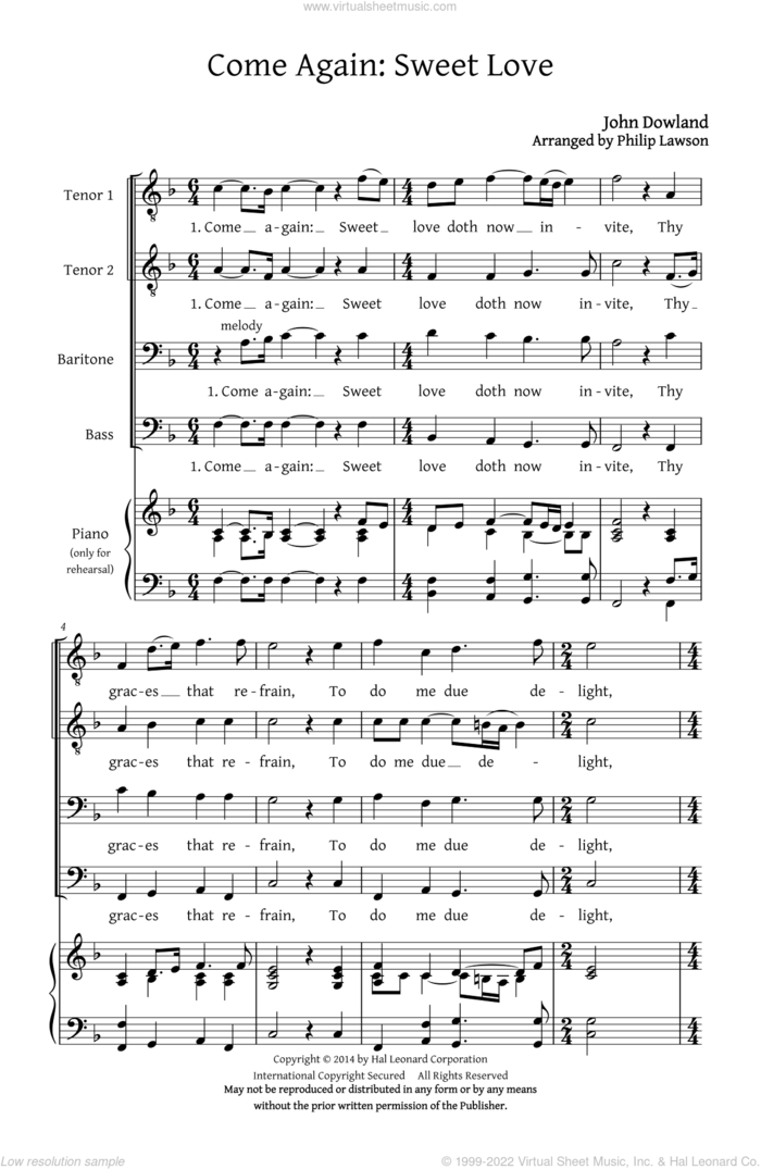 Come Again, Sweet Love (Collection) sheet music for choir (TTBB: tenor, bass) by Philip Lawson and John Dowland, intermediate skill level