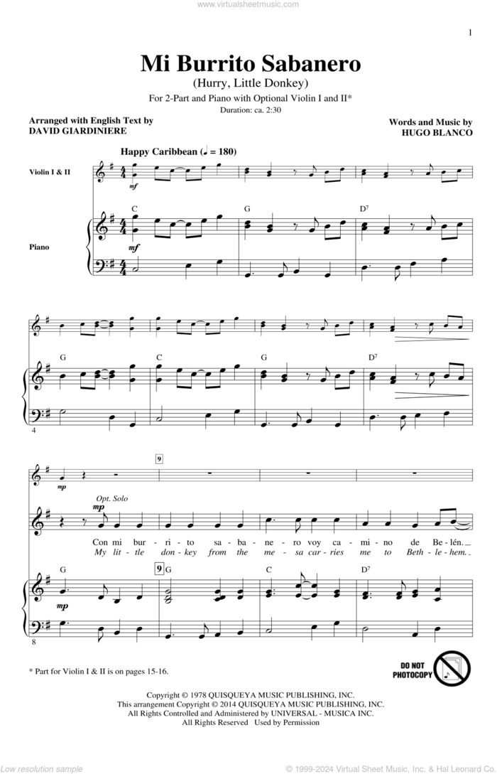 El Burrito Sabanero (Mi Burrito Sabanero) sheet music for choir (2-Part) by Hugo Blanco and David Giardiniere, intermediate duet