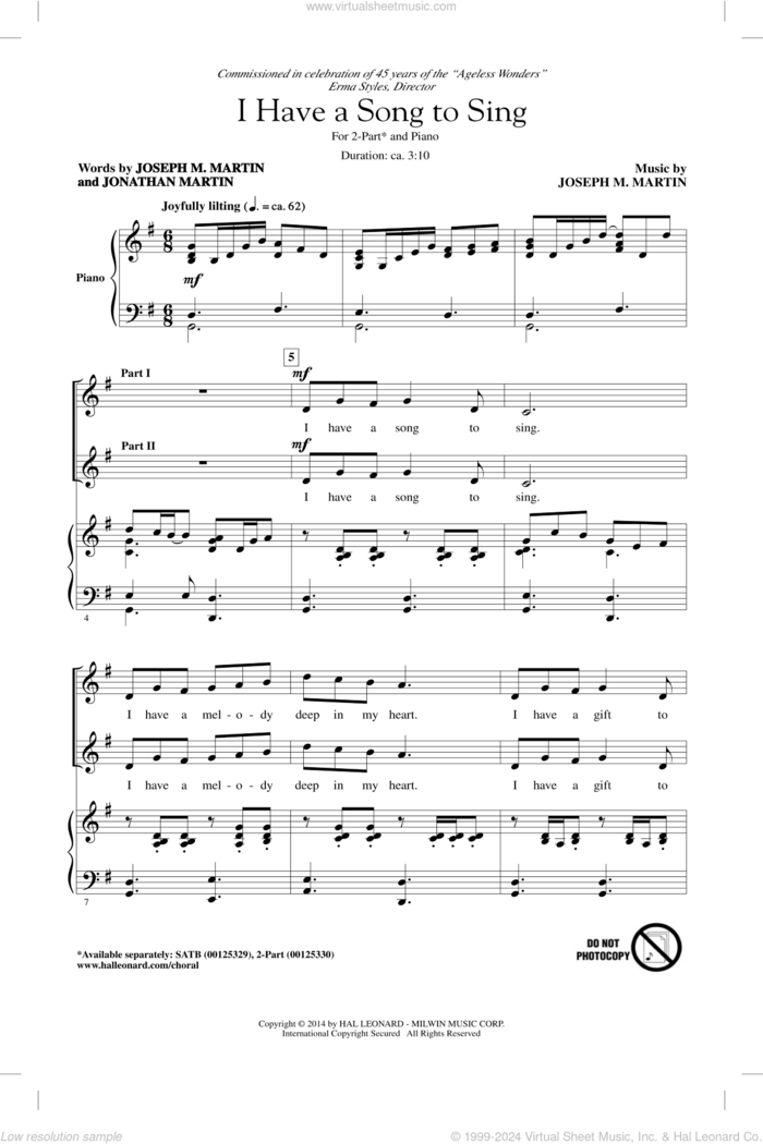 I Have A Song To Sing sheet music for choir (2-Part) by Joseph M. Martin and Jonathan Martin, intermediate duet