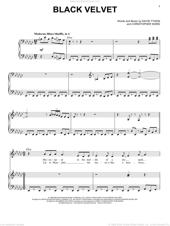 Black Velvet sheet music for voice and piano by Alannah Myles, Christopher Ward and David Tyson, intermediate skill level