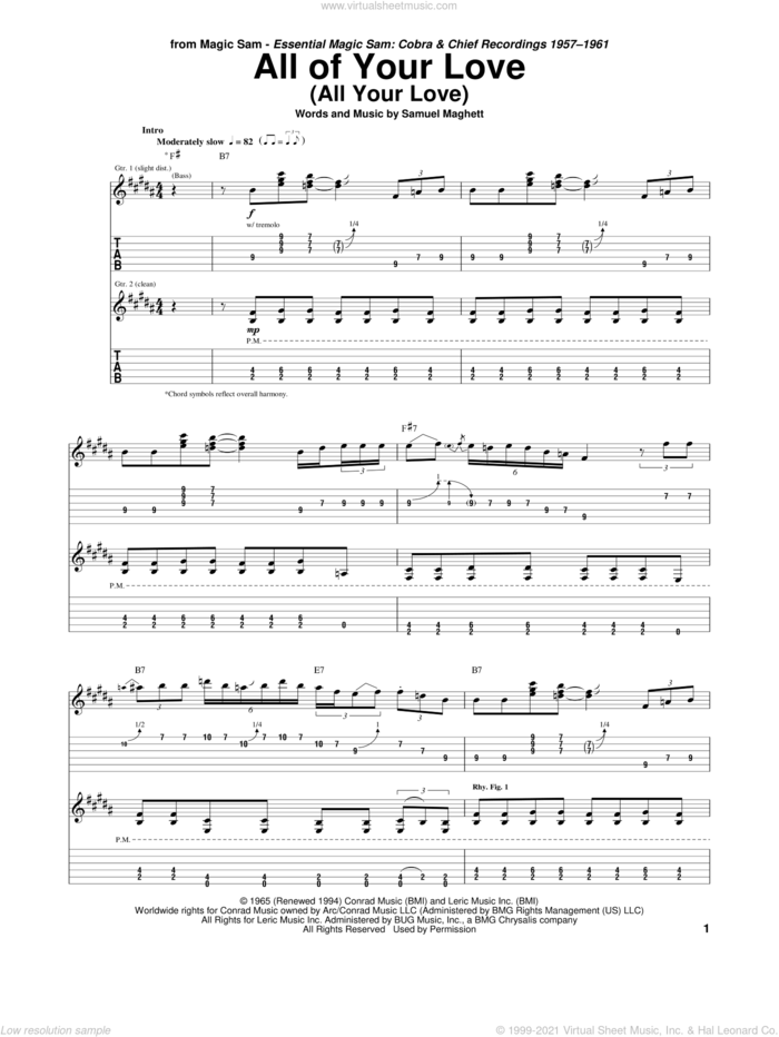 All Of Your Love (All Your Love) sheet music for guitar (tablature) by Magic Sam and Samuel Maghett, intermediate skill level