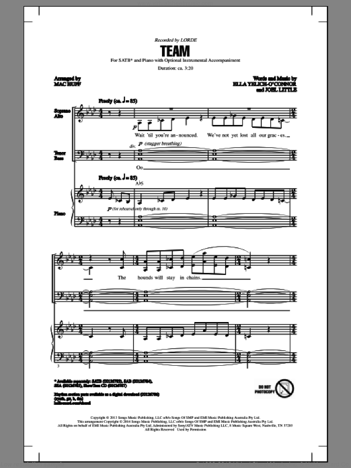 Team sheet music for choir (SATB: soprano, alto, tenor, bass) by Mac Huff, Lorde and Joel Little, intermediate skill level